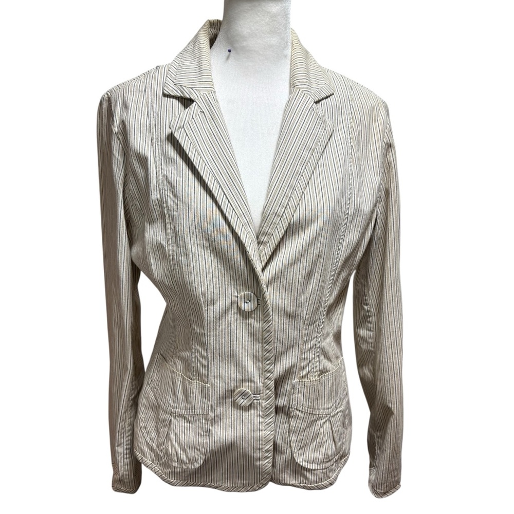 Womens Pinstripe Two Button Blazer Tan Black Striped Lightweight Jacket Med #578